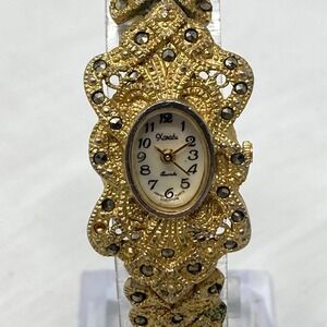 Vtg Xanadu Marcasite Watch Women Gold Tone MOP Filigree READ New Battery 6.75"